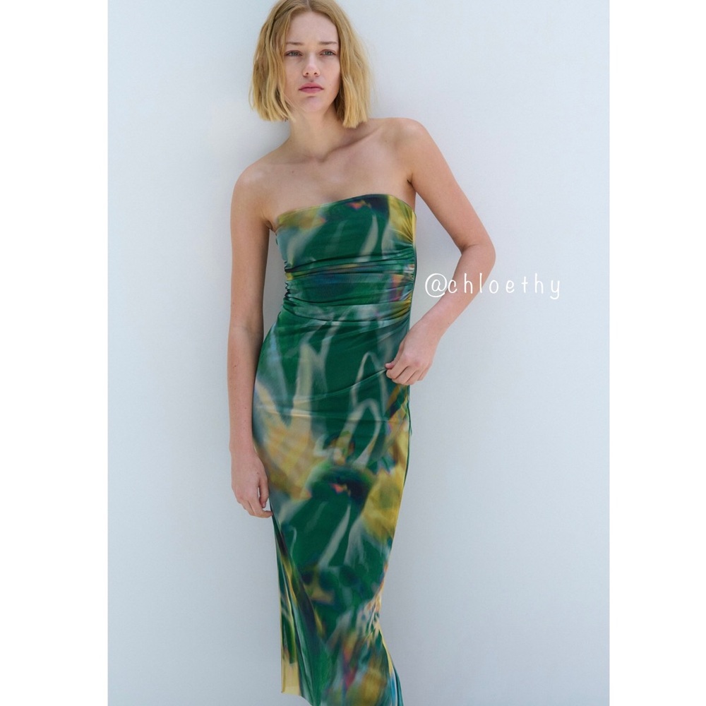 Zara STRAPLESS PRINTED TULLE DRESS